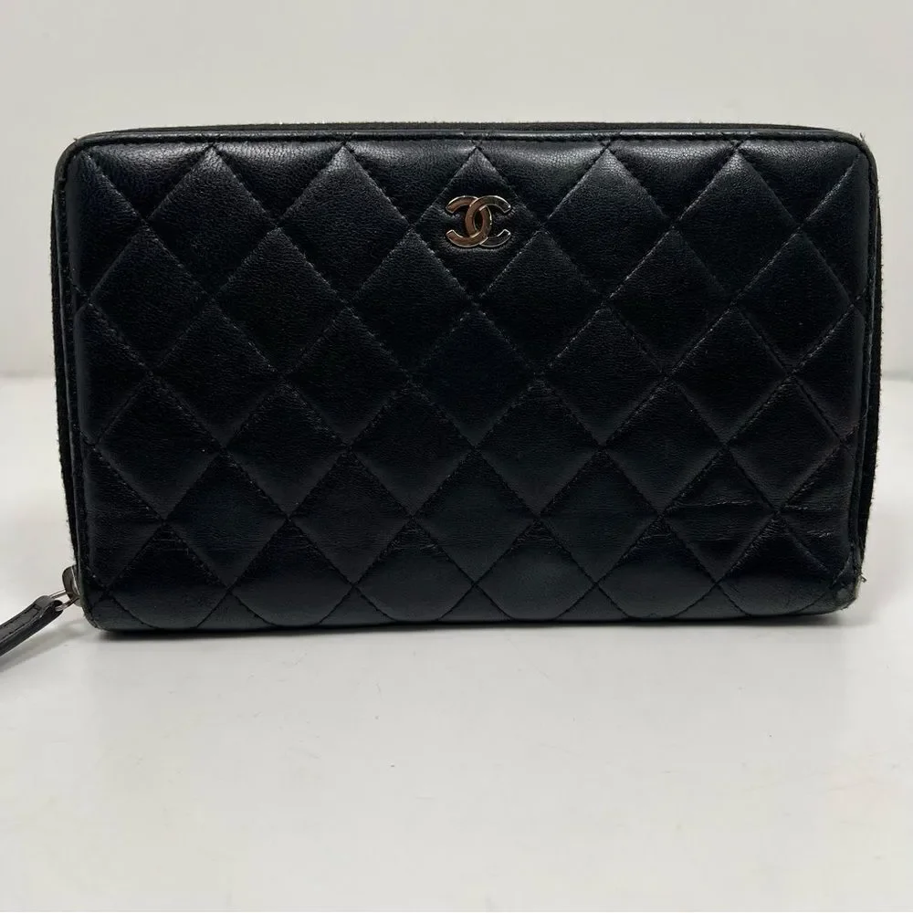 CHANEL Classic Zip Around Wallet Black Quilted lamb skin
